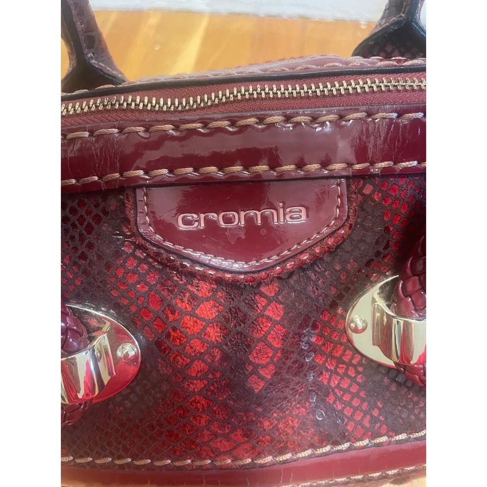 Cromia Leather Satchel Burgundy Red Snakeskin Embossed Patent Trim Italian Made